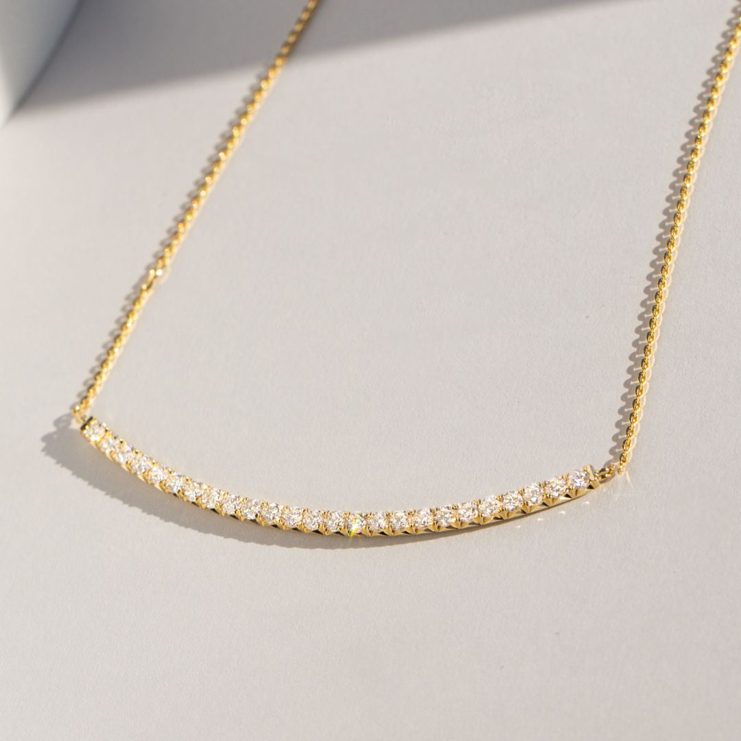 1ct Round Lab Grown Diamond French Pave Curved Bar Pendant Yellow Gold Necklace in 14K Yellow Gold