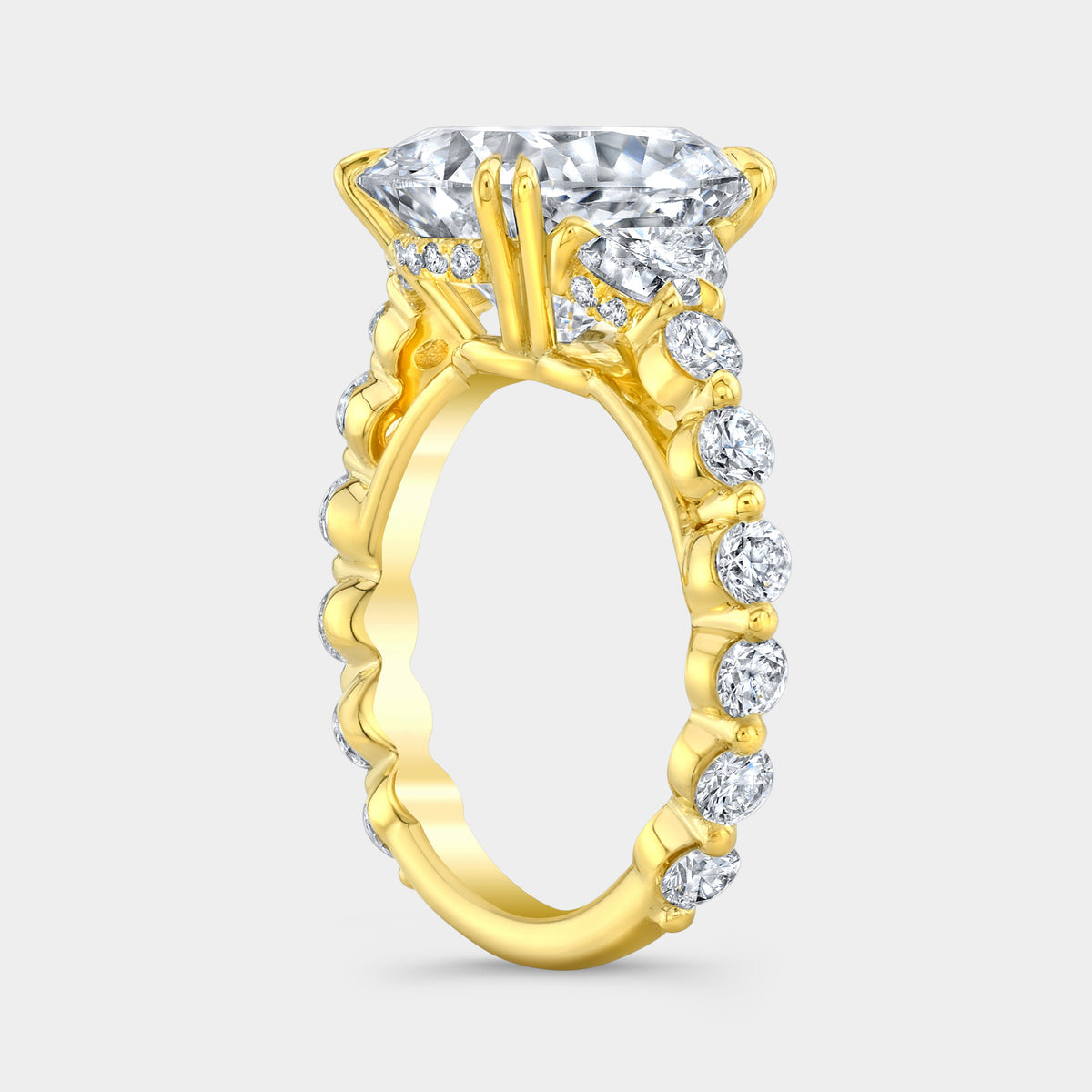 Cushion Diamond Hidden Halo 3 Stone with Half Moon Side Stones Yellow Gold Engagement Ring in 18k Yellow Gold