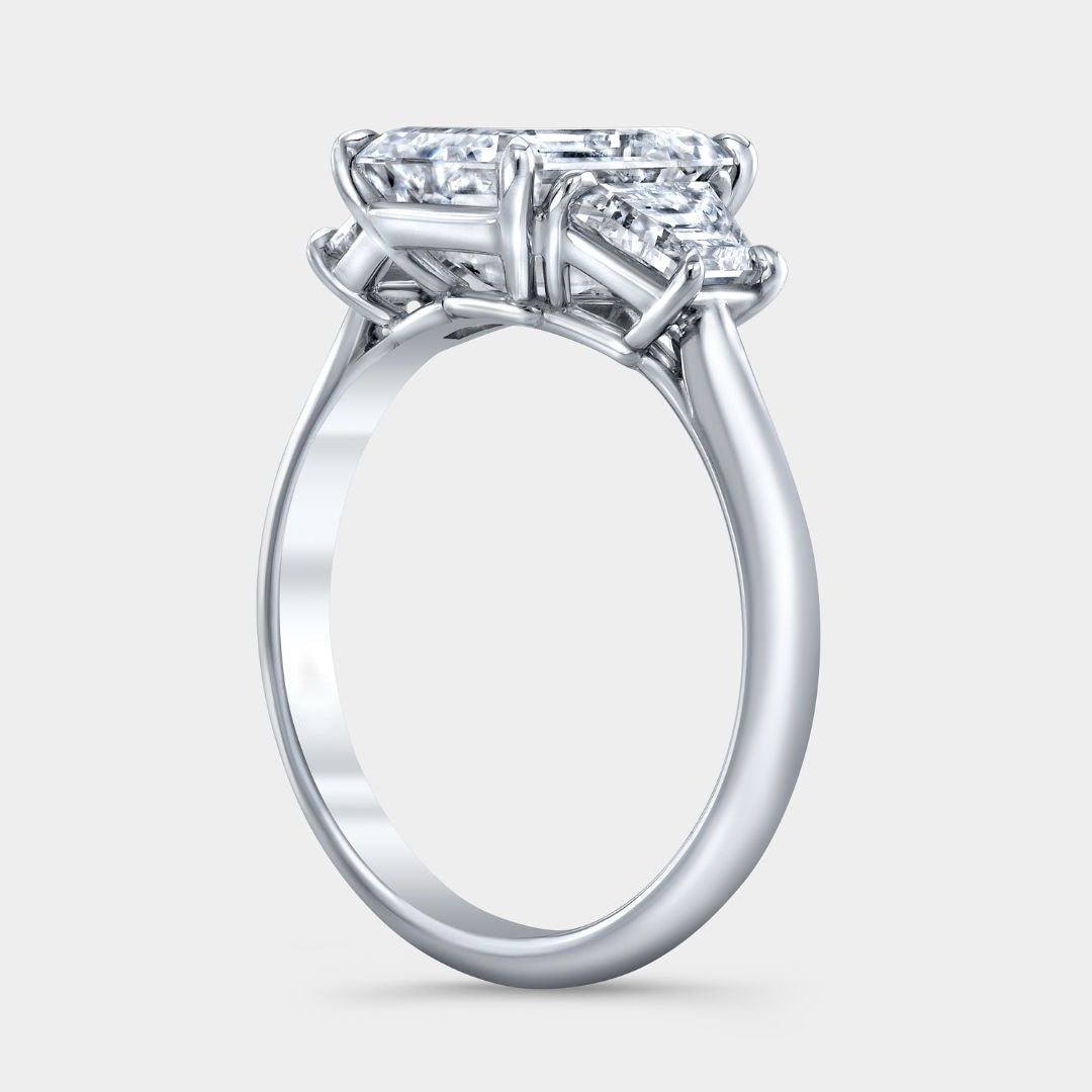 Emerald Diamond Trapezoid Cathedral Three Stone Platinum Engagement Ring