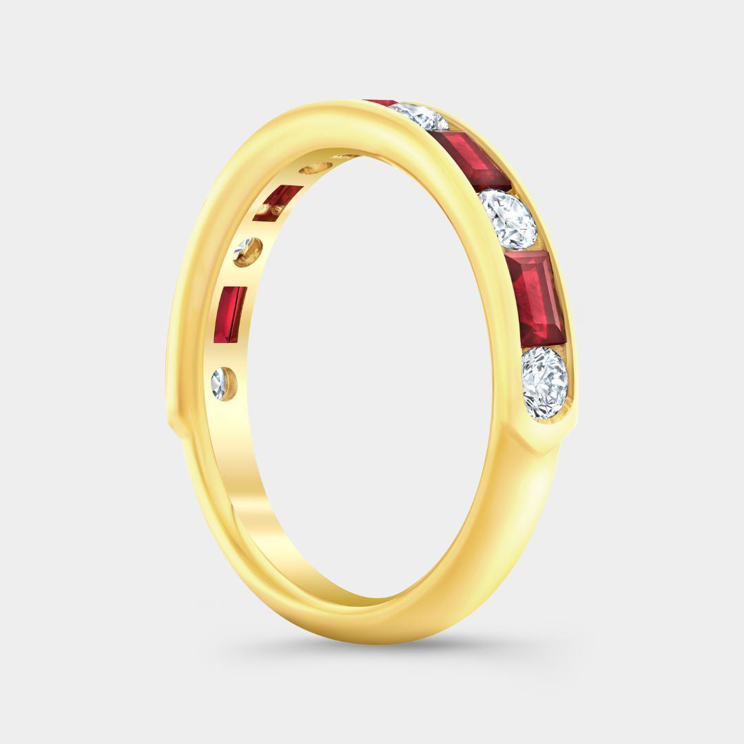 1.25ct Round Diamond Alternating Baguette Ruby Channel Yellow Gold Wedding Band in 18k yellow gold