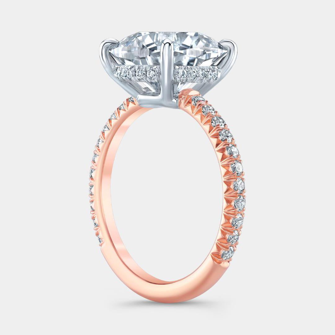 Cushion Diamond Extra Low Profile Hidden Halo French Pave Rose Gold And Platinum Engagement Ring