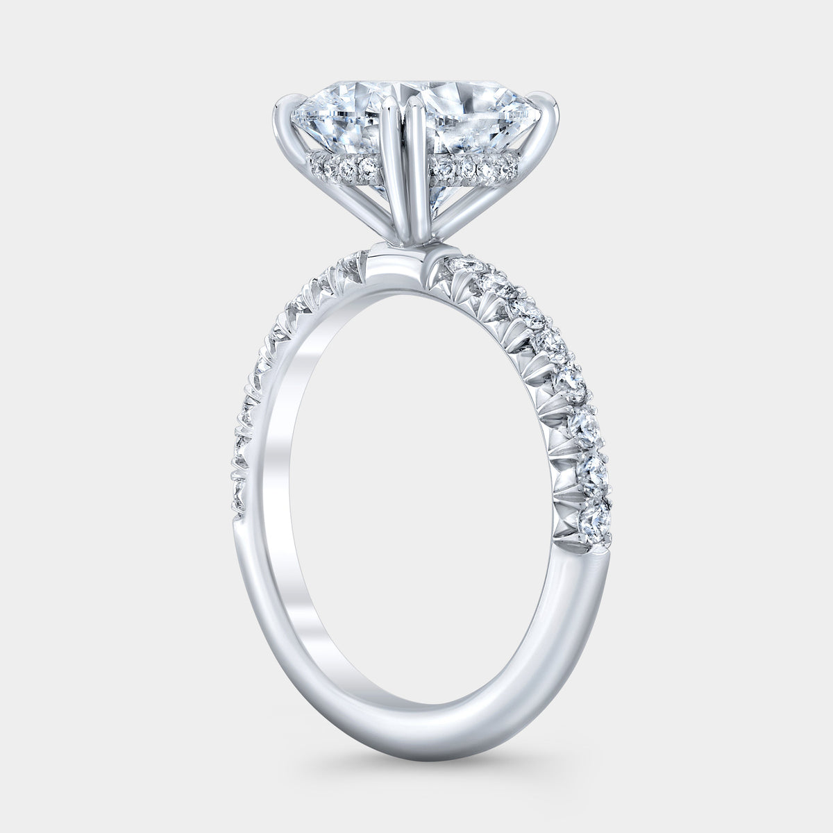 Cushion Diamond Hidden Halo French Pave Double Prong Platinum Engagement Ring