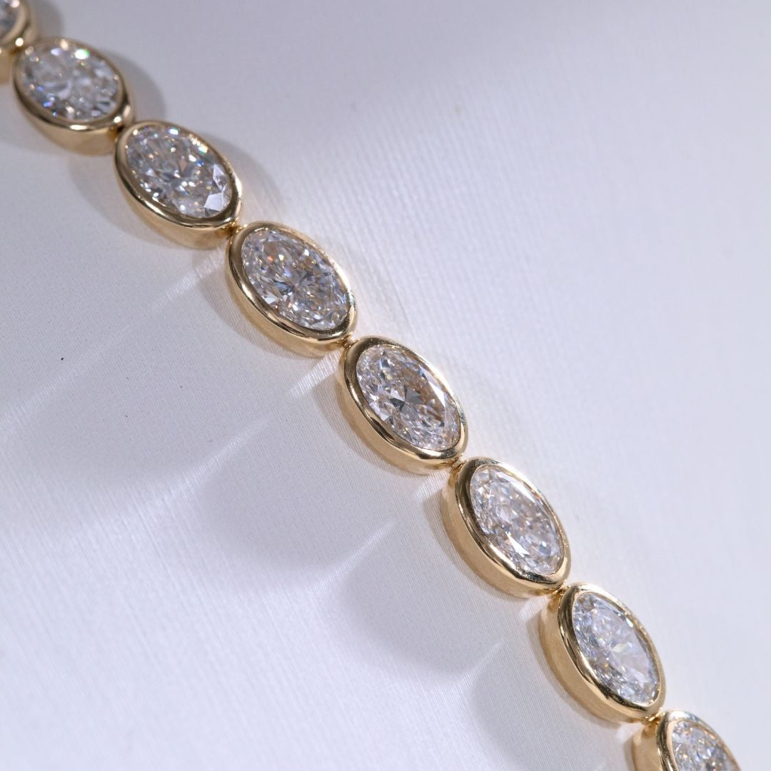36ct Lab Oval Diamond Bezel Set East West Yellow Gold Tennis Necklace in 14k yellow gold
