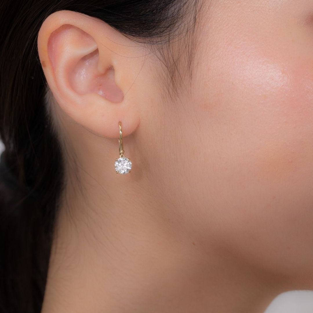 2ct Lab Round Diamond Yellow Gold Dangle Drop Earrings in 14k yellow gold
