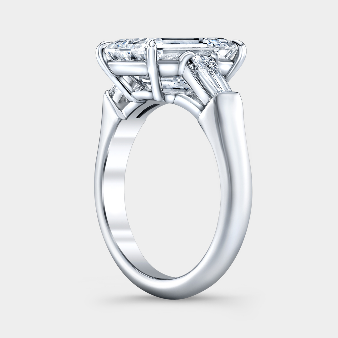3.74ct Lab Grown Emerald Diamond 3 Stone Ring with Tapered Baguettes Platinum Engagement Ring