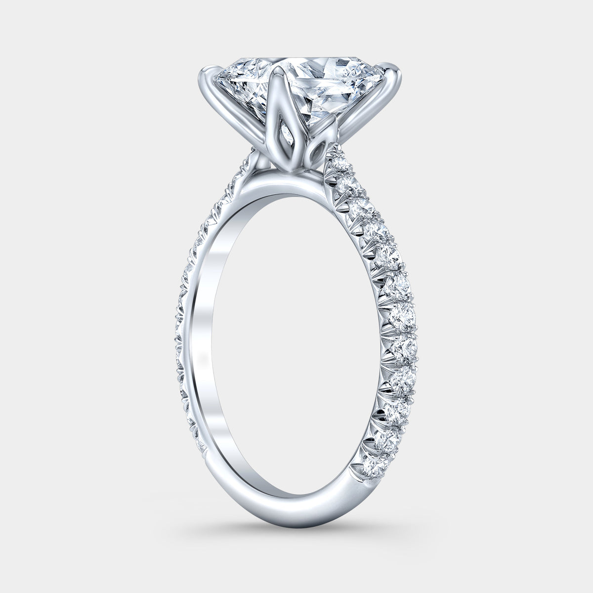 Cushion Diamond Tulip Cathedral French Pave White Gold Engagement Ring