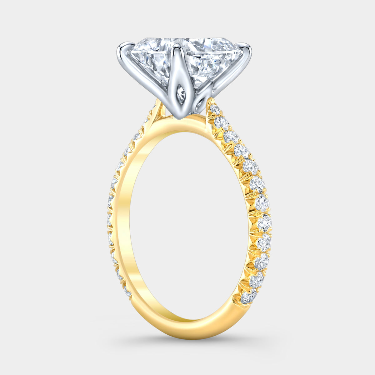 Cushion Diamond Tulip Tapered Cathedral French Pave Yellow Gold And Platinum Engagement Ring