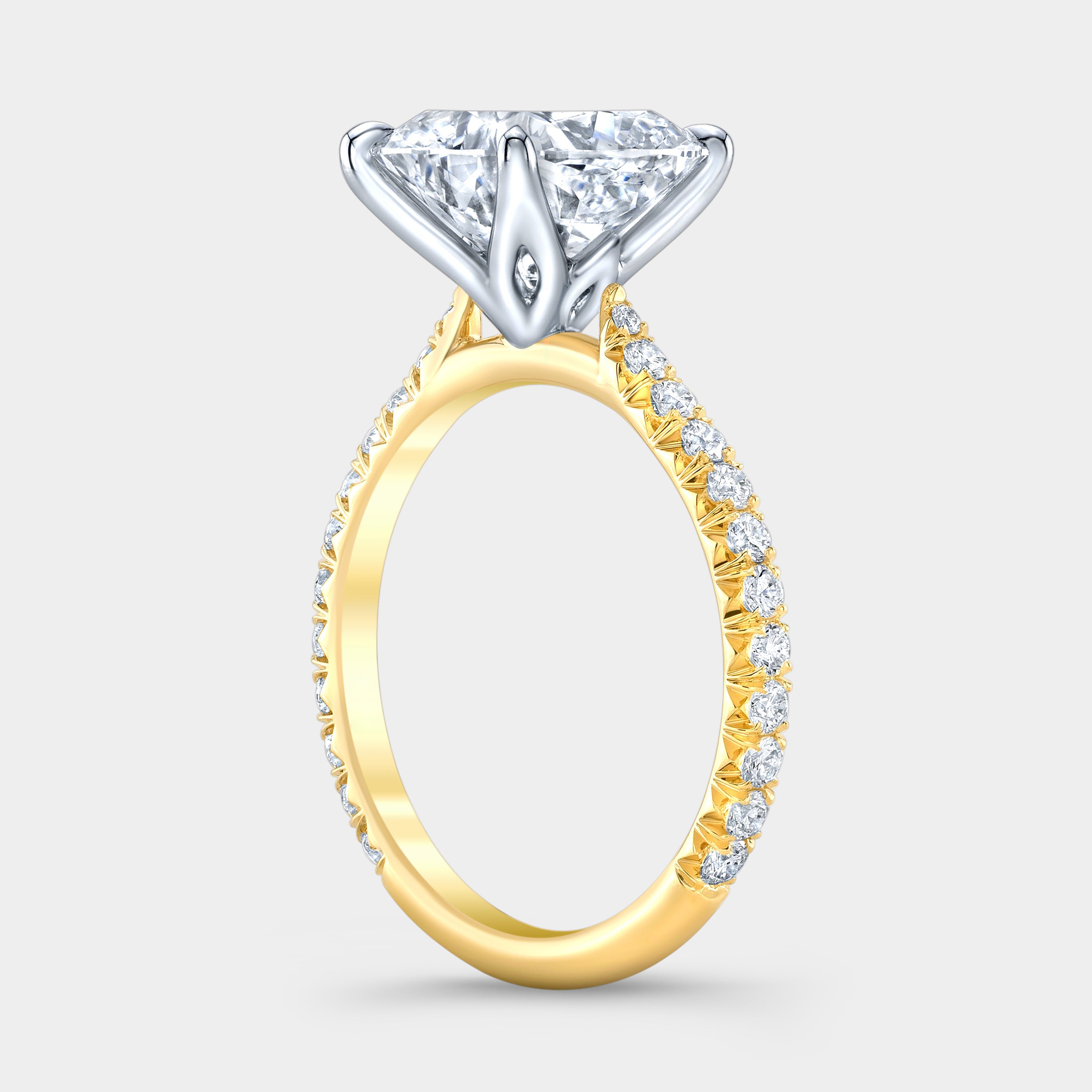 Cushion Diamond Tulip Tapered Cathedral French Pave Yellow Gold And Platinum Engagement Ring