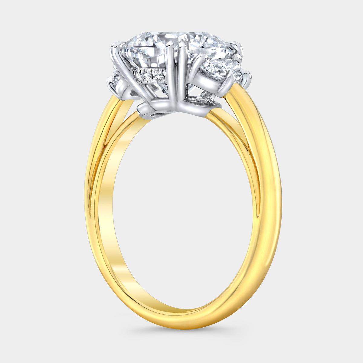 Cushion Diamond Hidden Halo with Half Moon Three Stone Yellow Gold And Platinum Engagement Ring