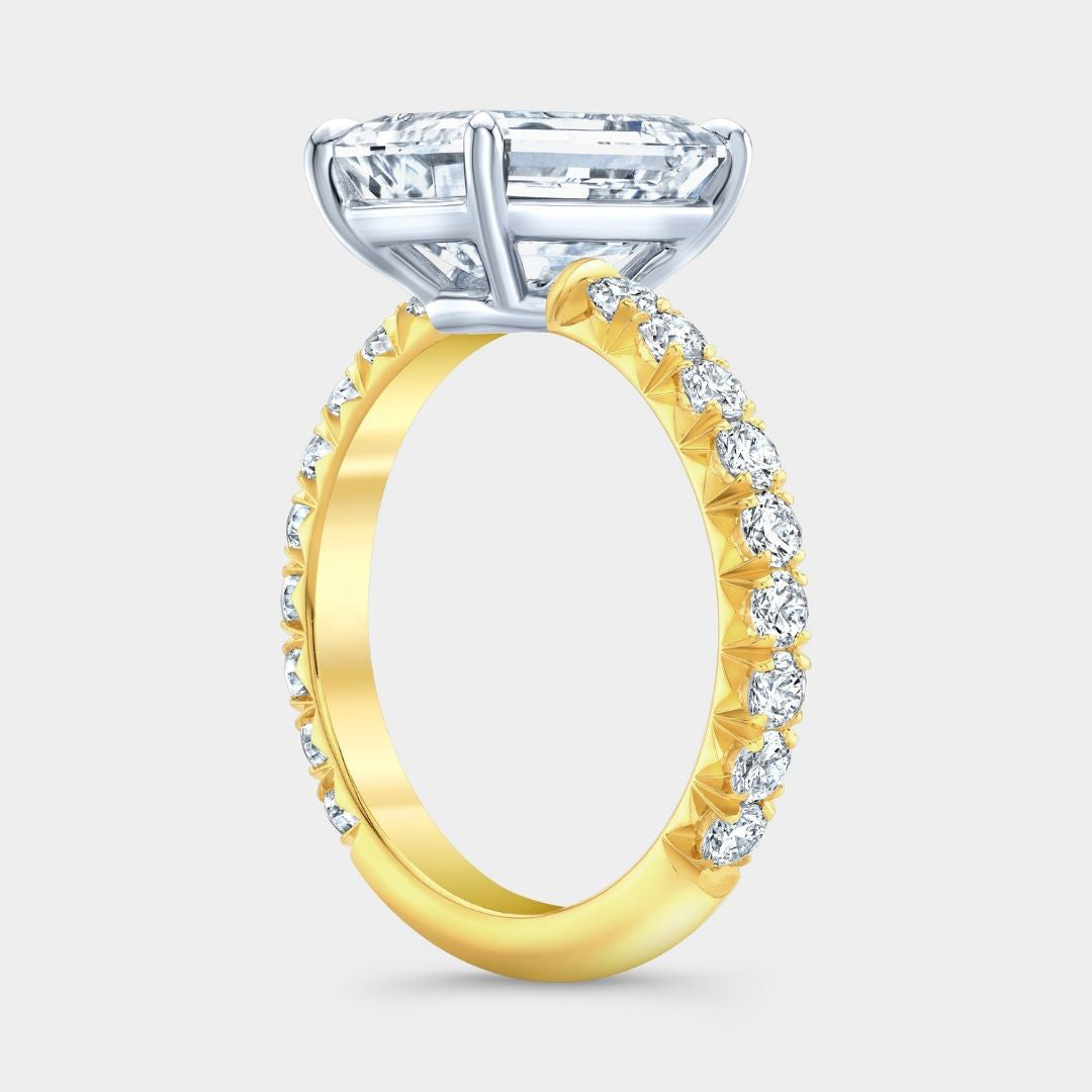 3.06ct Lab Grown Emerald Diamond French Pave Low Profile Yellow Gold And Platinum Engagement Ring