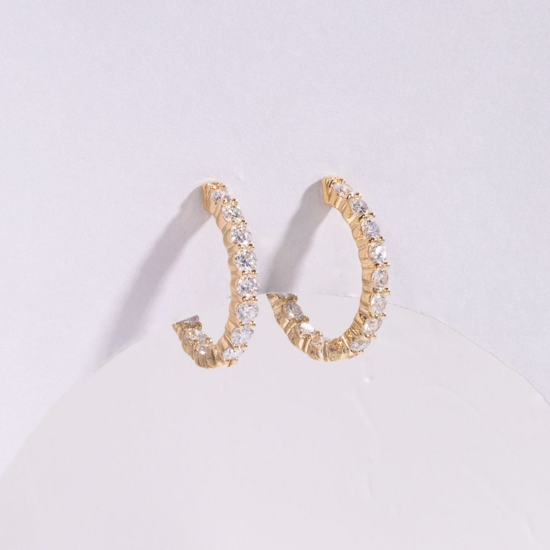 3.25ct Oval Shaped Lab Grown Round Diamond Yellow Gold Inside Out Hoop Earrings in 14k yellow gold