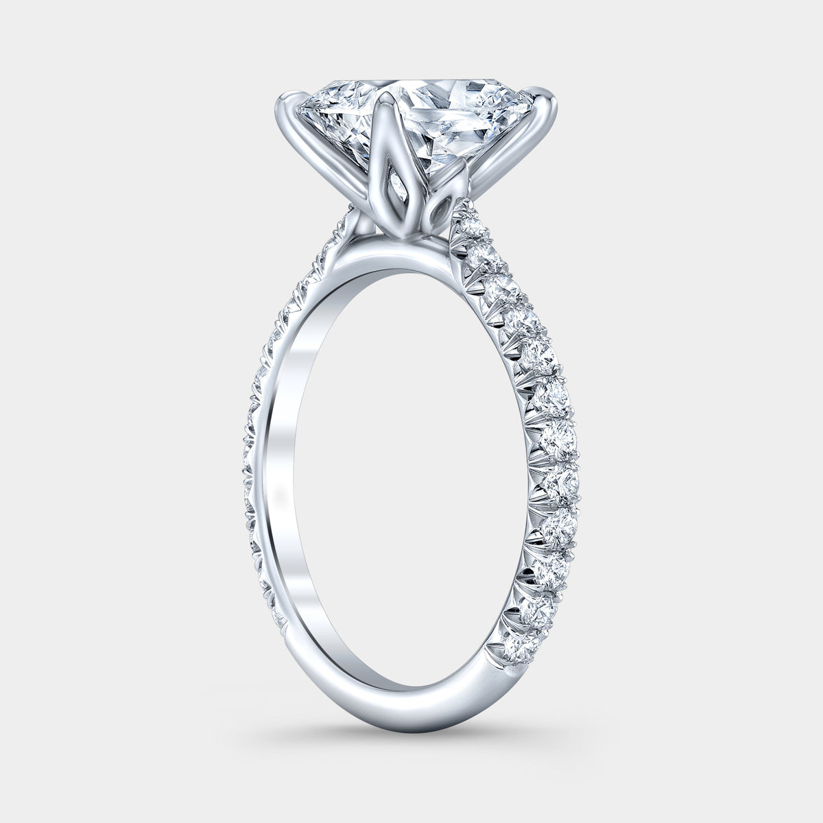 Cushion Diamond Tulip Cathedral French Pave Platinum Engagement Ring