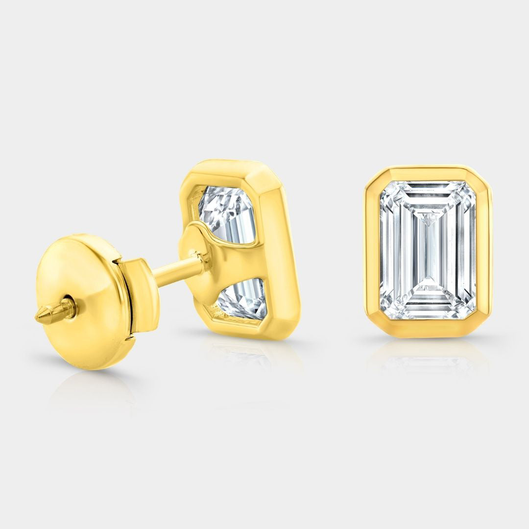 2ct Lab Grown Emerald Diamond Yellow Gold Bezel Stud Earrings in 14k yellow gold