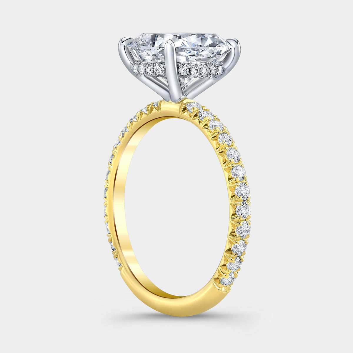 Cushion Diamond Hidden Halo with French Pave Yellow Gold And Platinum Engagement Ring