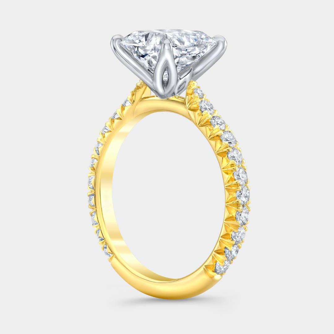2.42ct Lab Grown Cushion Tulip Low Cathedral Pave Diamond Yellow Gold And Platinum Engagement Ring
