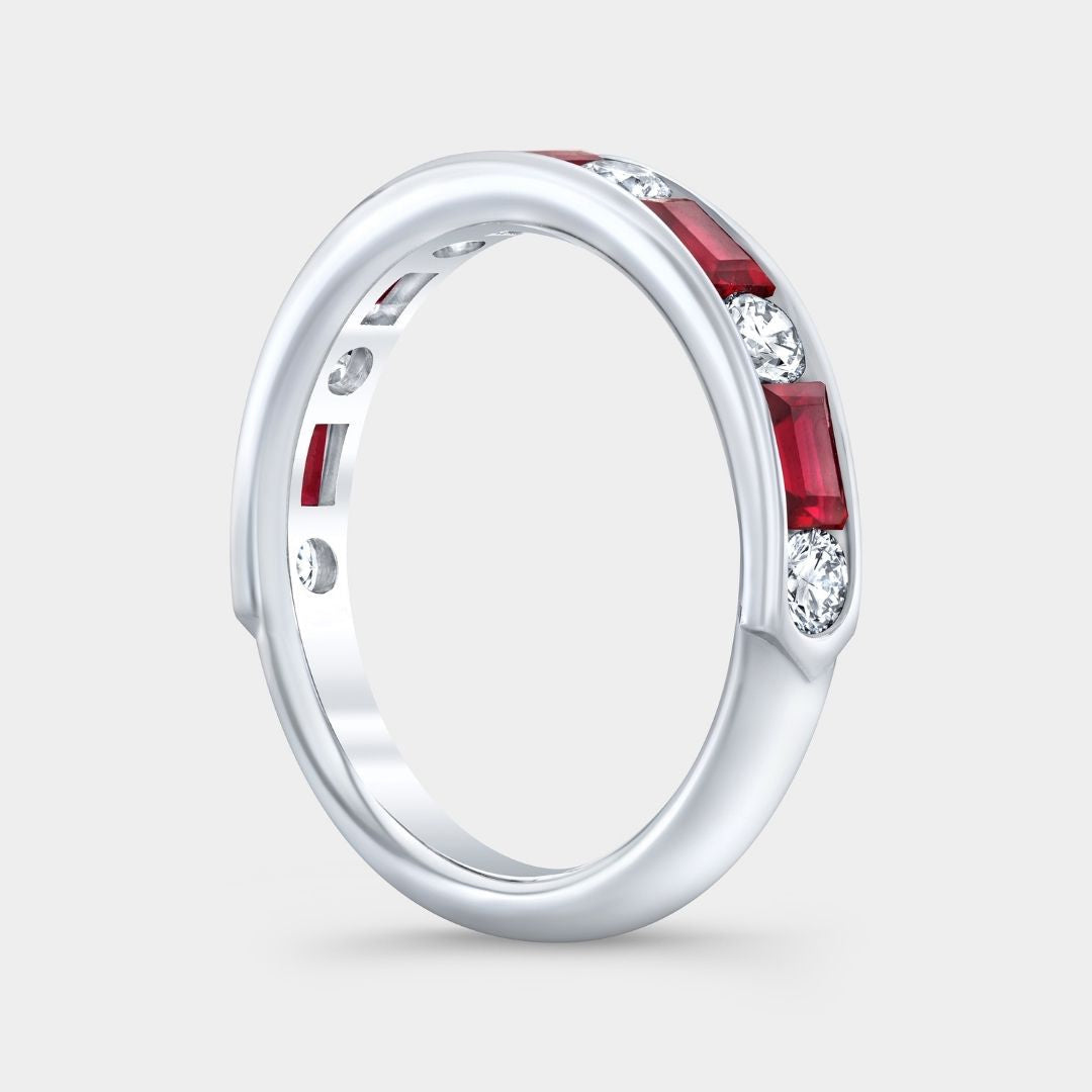 1.25ct Round Diamond Alternating Baguette Ruby Channel Platinum Wedding Band