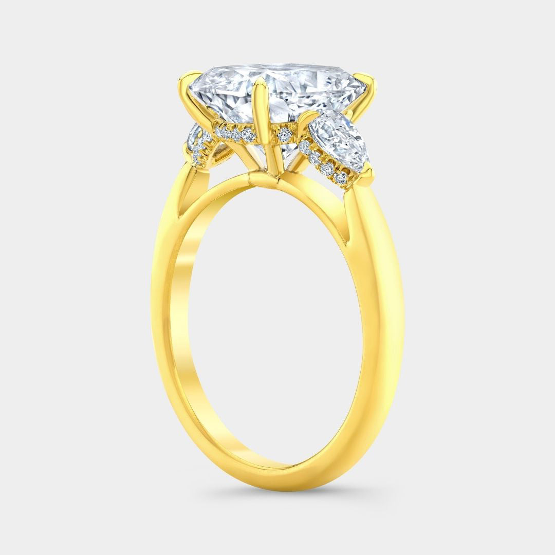 4ct Cushion Cut Diamond 3 Stone Ring with Pears and Hidden Halo Yellow Gold Engagement Ring in 18k yellow gold