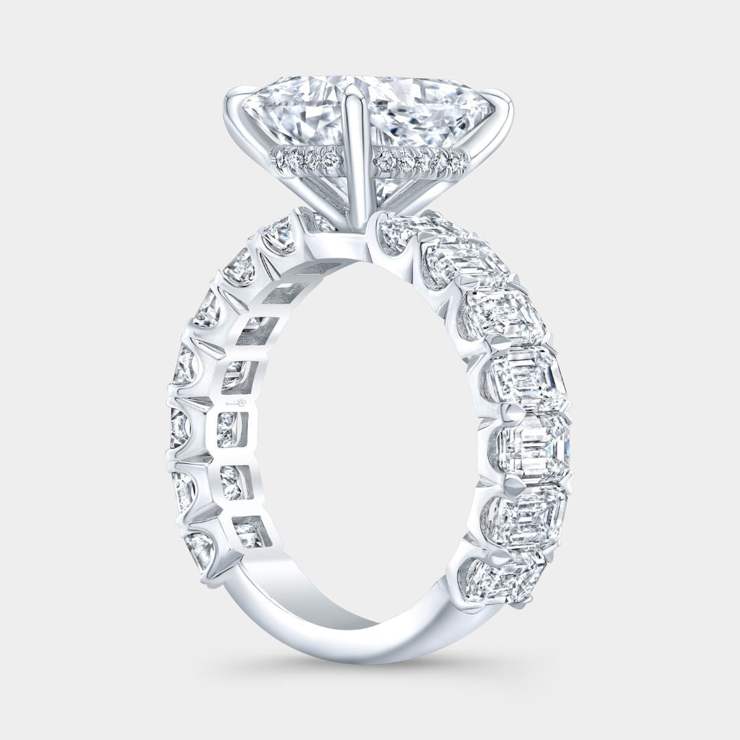 Cushion Diamond Chloe with Emerald Cut Side Diamonds Platinum Engagement Ring