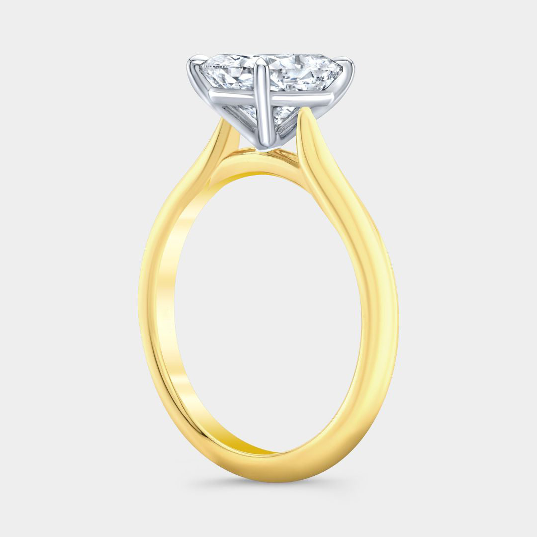 Cushion Diamond Tapered Cathedral Solitaire Yellow Gold And Platinum Engagement Ring