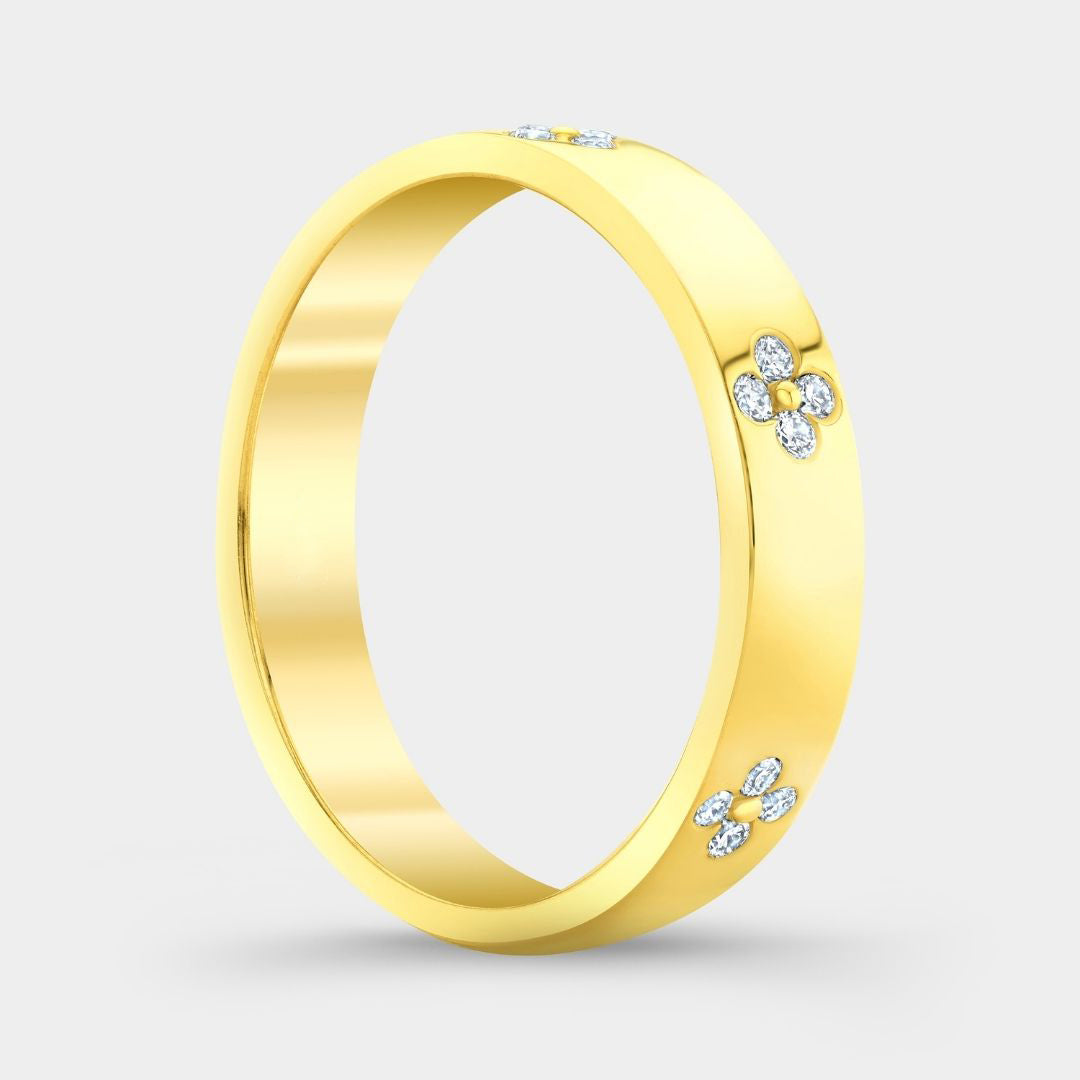 Clover Leaf Flower 4.0mm Yellow Gold Lab Diamond Band in 18k yellow gold
