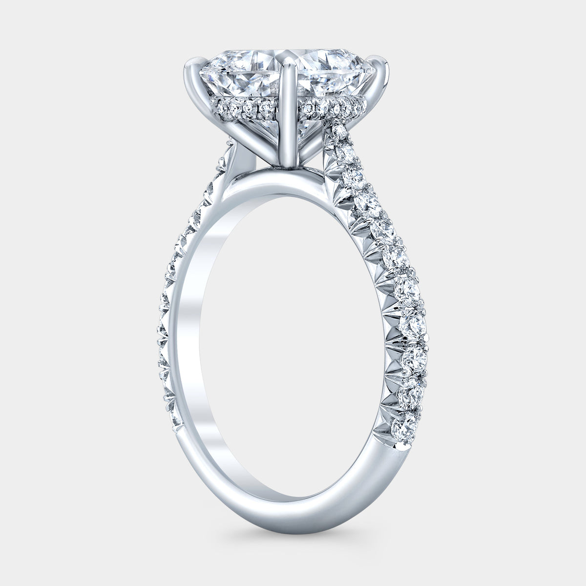 Cushion Diamond Hidden Halo Cathedral French Pave White Gold Engagement Ring