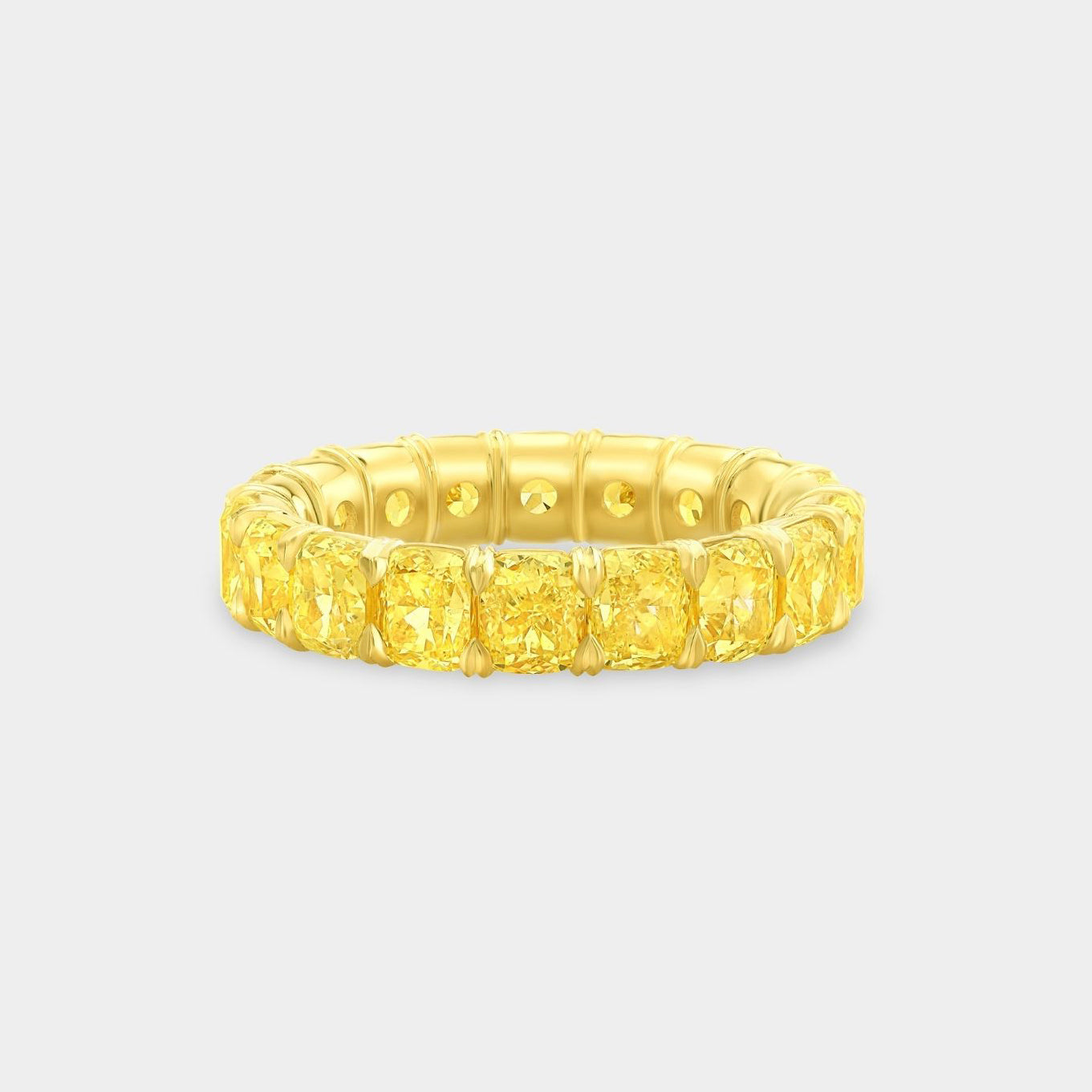 5.5ct Cushion Cut Fancy Yellow Diamond Eternity Band in 18k yellow gold