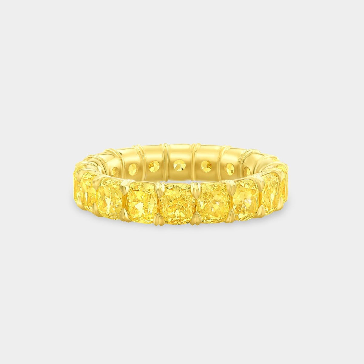 5.5ct Cushion Cut Fancy Yellow Diamond Eternity Band in 18k yellow gold