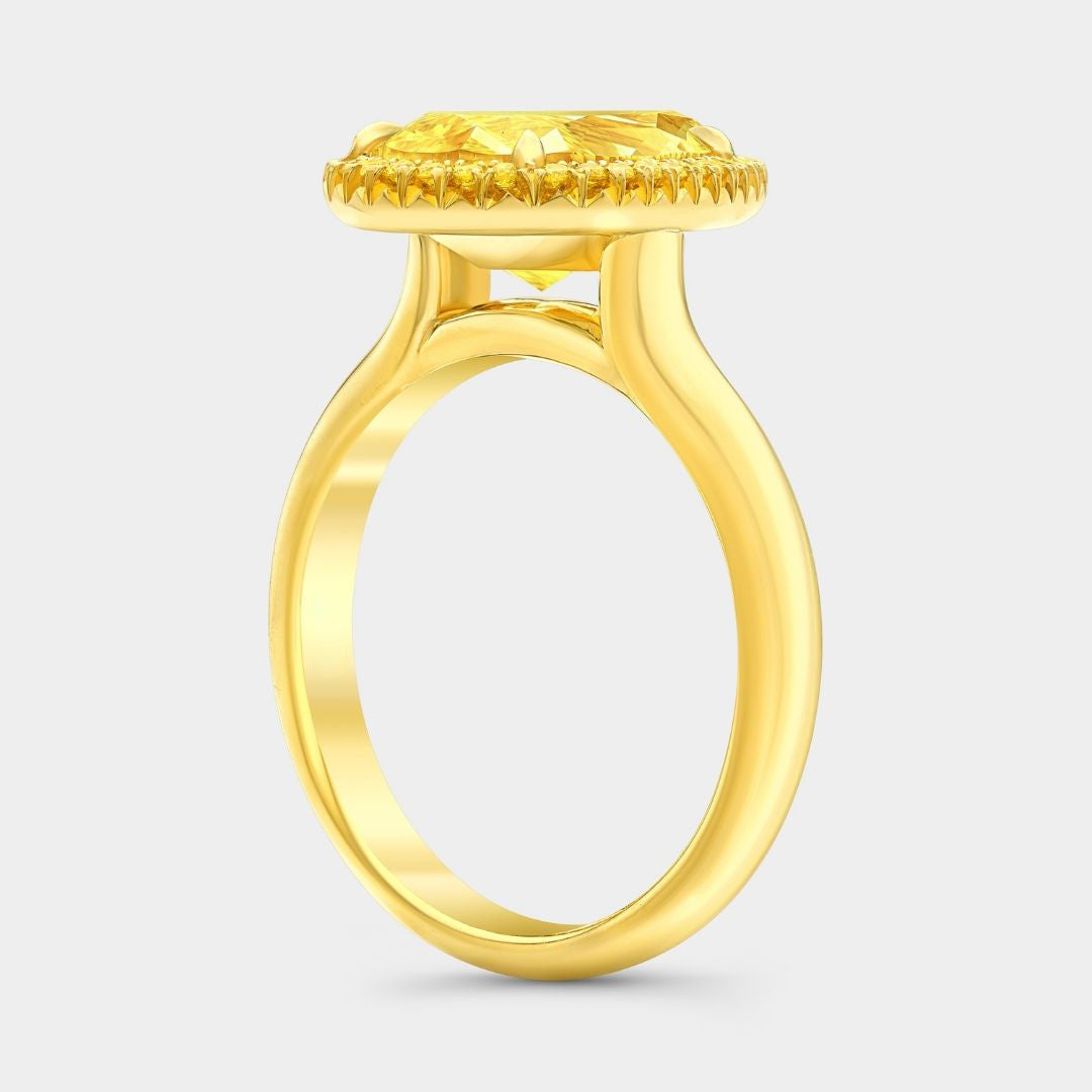 3.6ct Pear Shape Yellow Lab Grown Diamond Halo Solitaire Engagement Ring in 18k yellow gold