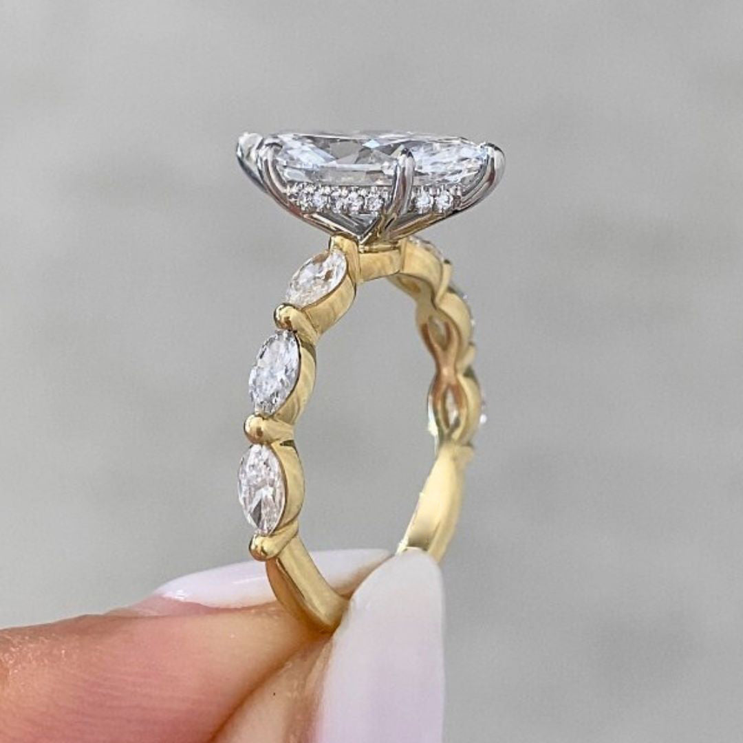 2.52ct Lab Grown Marquise Diamond Five Stone Hidden Halo Yellow Gold And Platinum Engagement Ring - 2.52ct Lab Grown