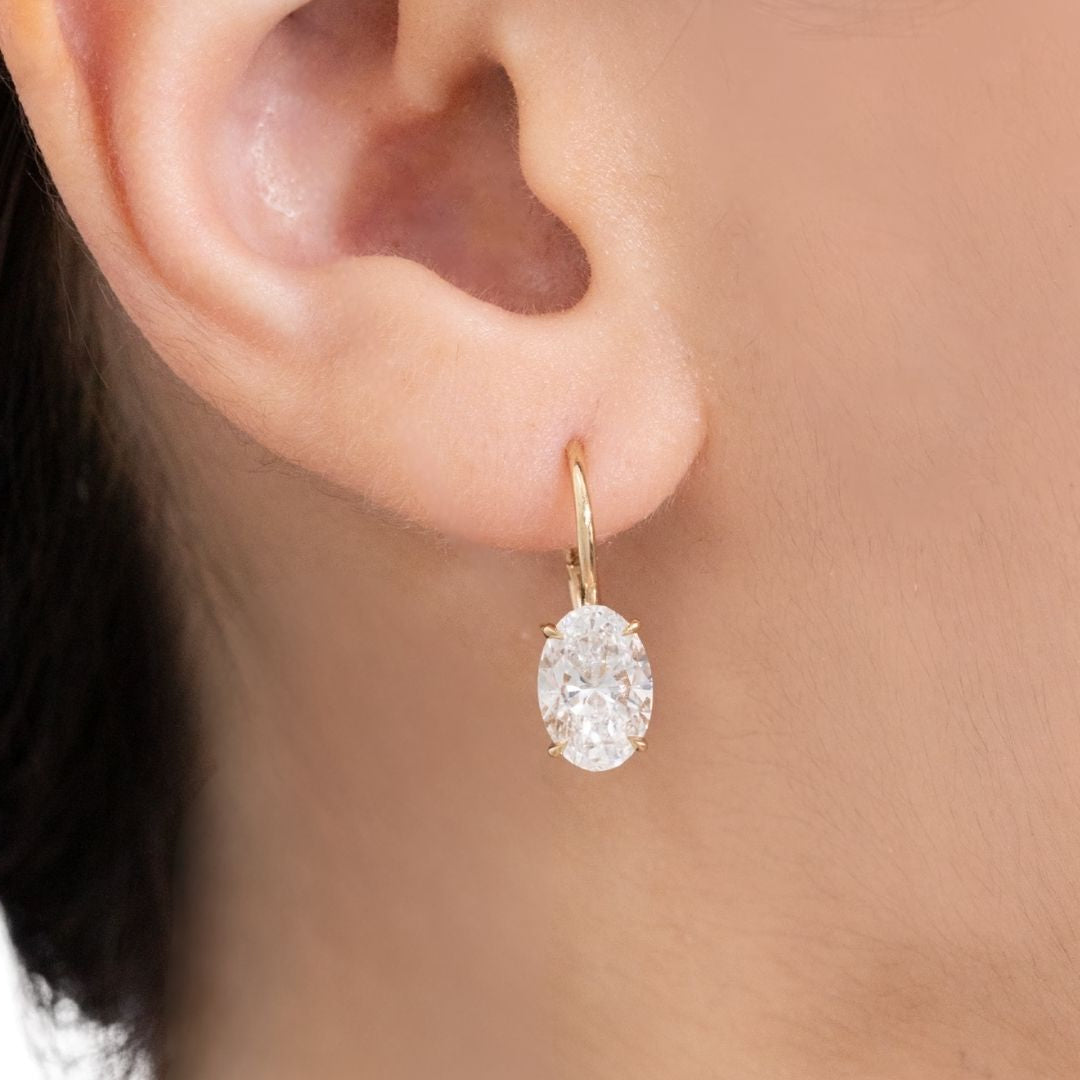 3ct Lab Oval Diamond Dangle French Clip Earrings in 14k yellow gold