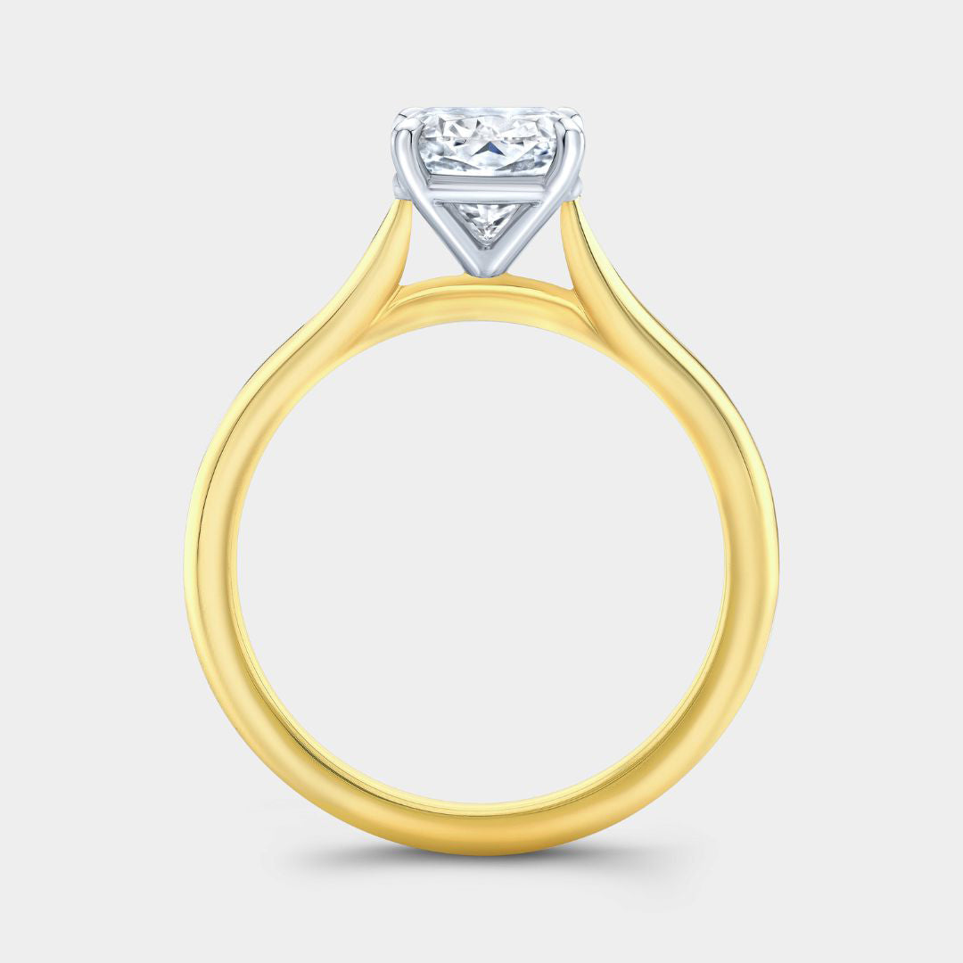 Cushion Diamond Tapered Cathedral Solitaire Yellow Gold And Platinum Engagement Ring