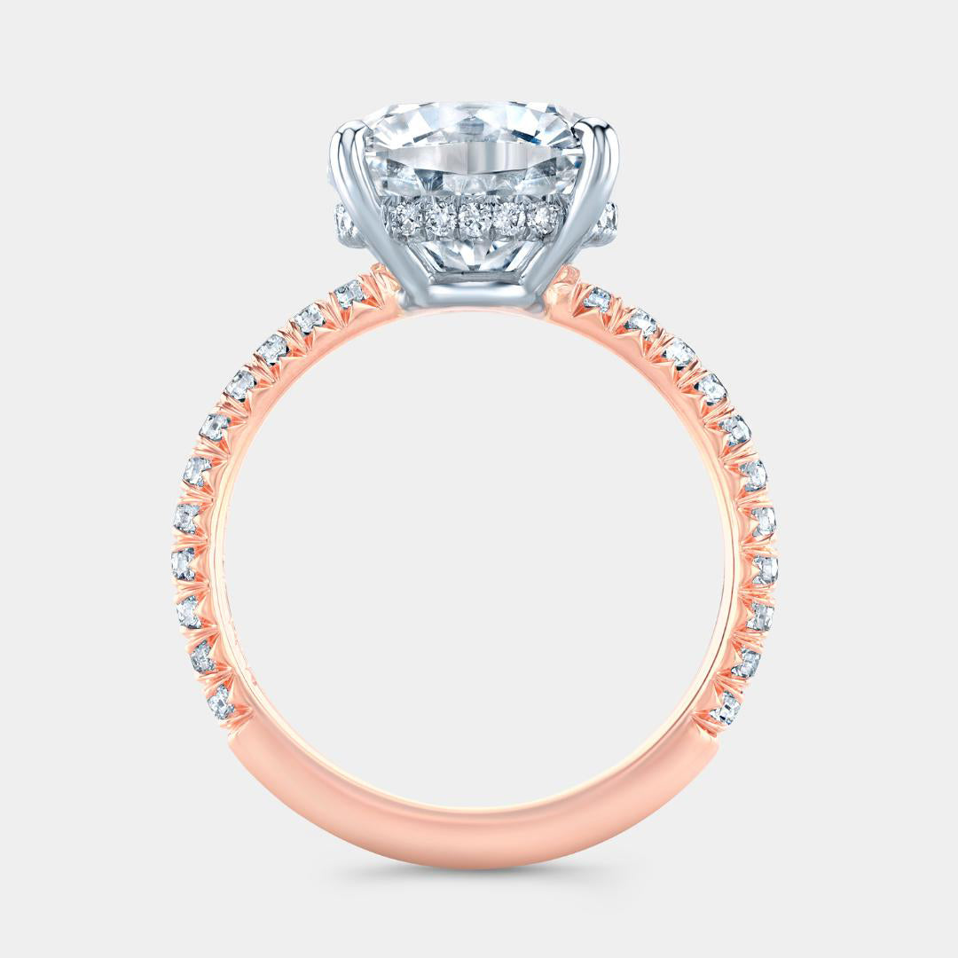 Cushion Diamond Extra Low Profile Hidden Halo French Pave Rose Gold And Platinum Engagement Ring