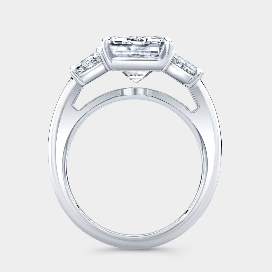 Emerald Diamond Trapezoid Three Stone Cathedral Platinum Engagement Ring