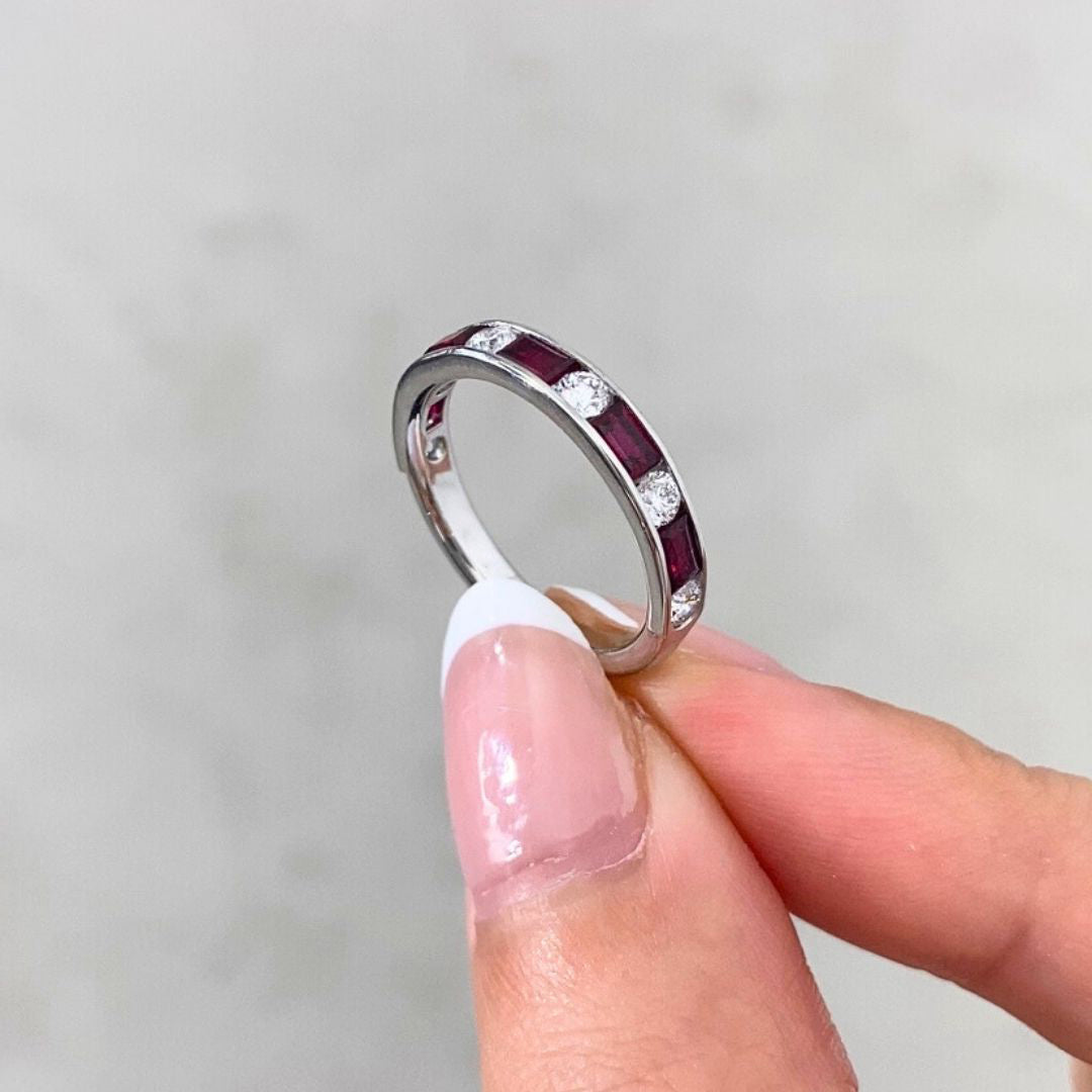 1.25ct Round Diamond Alternating Baguette Ruby Channel Platinum Wedding Band
