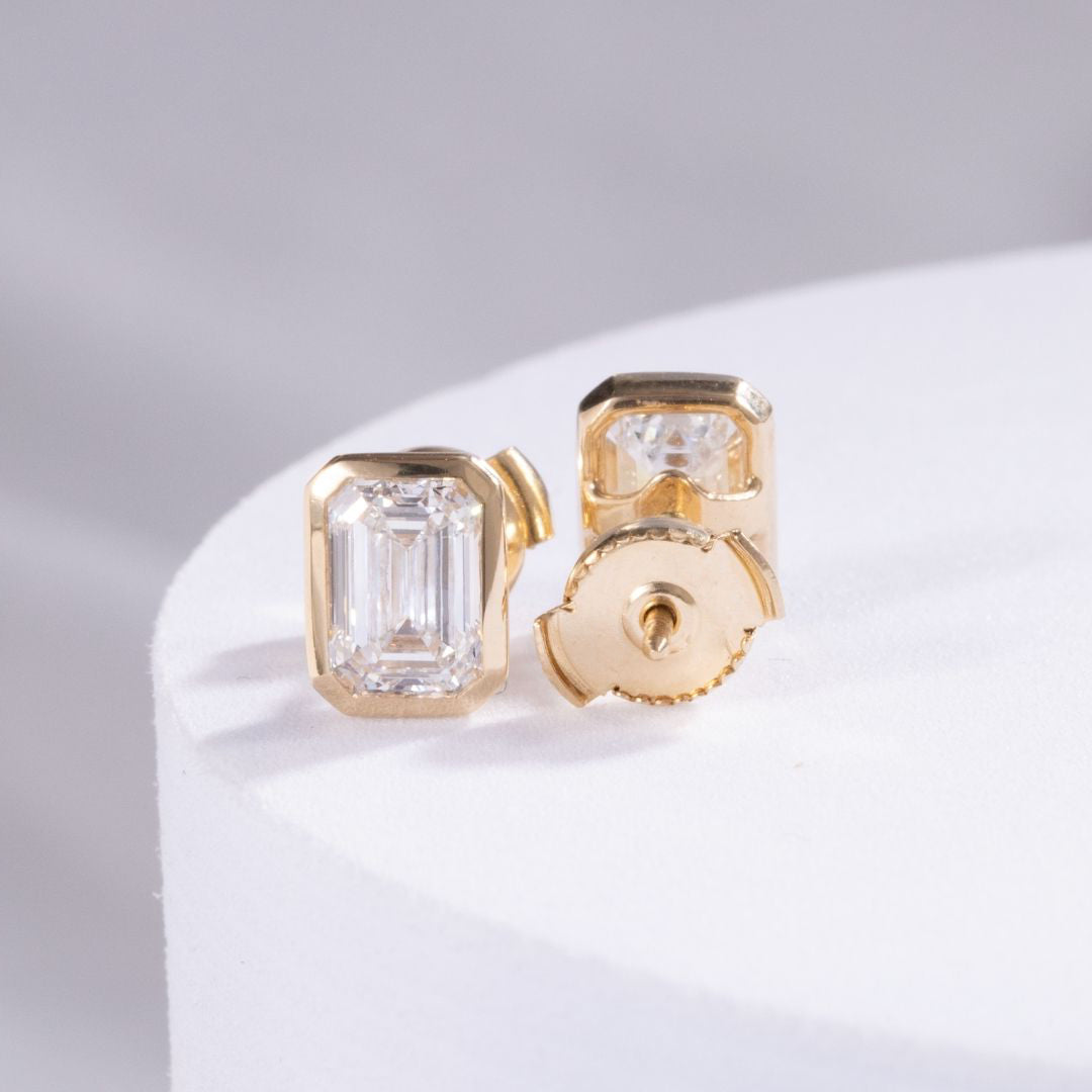 2ct Lab Grown Emerald Diamond Yellow Gold Bezel Stud Earrings in 14k yellow gold