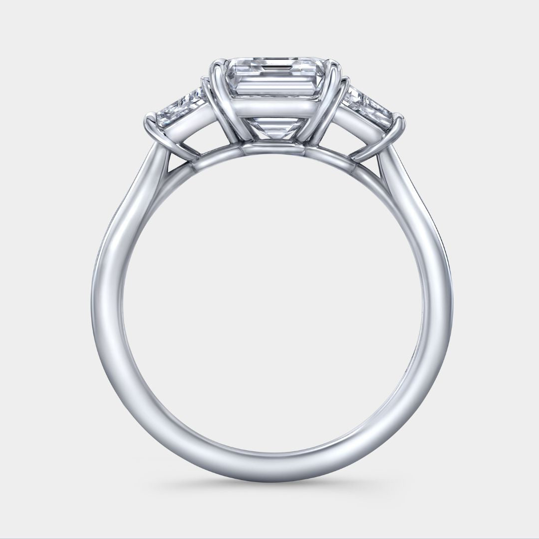 Emerald Diamond Trapezoid Cathedral Three Stone Platinum Engagement Ring