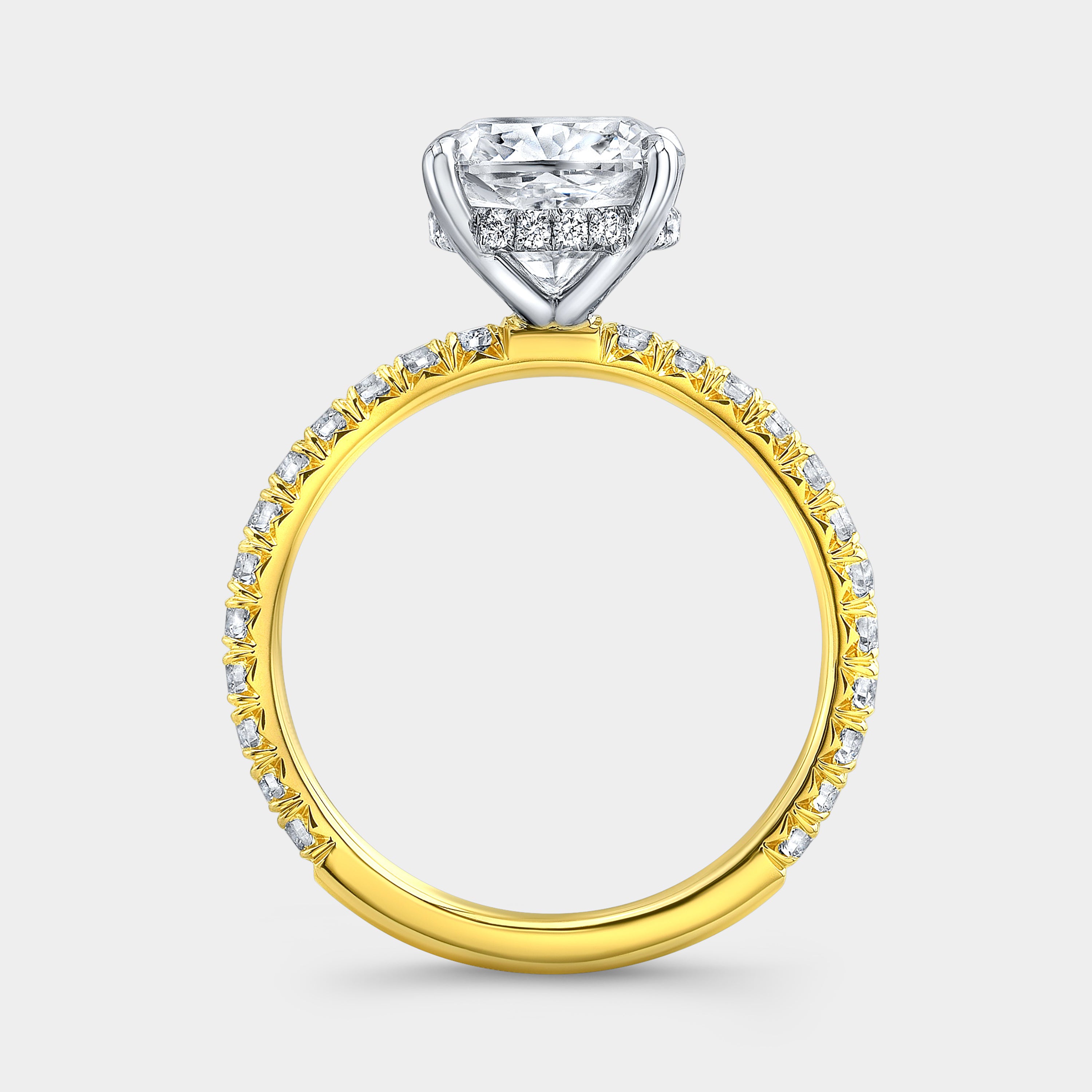 Cushion Diamond Hidden Halo with French Pave Yellow Gold And Platinum Engagement Ring