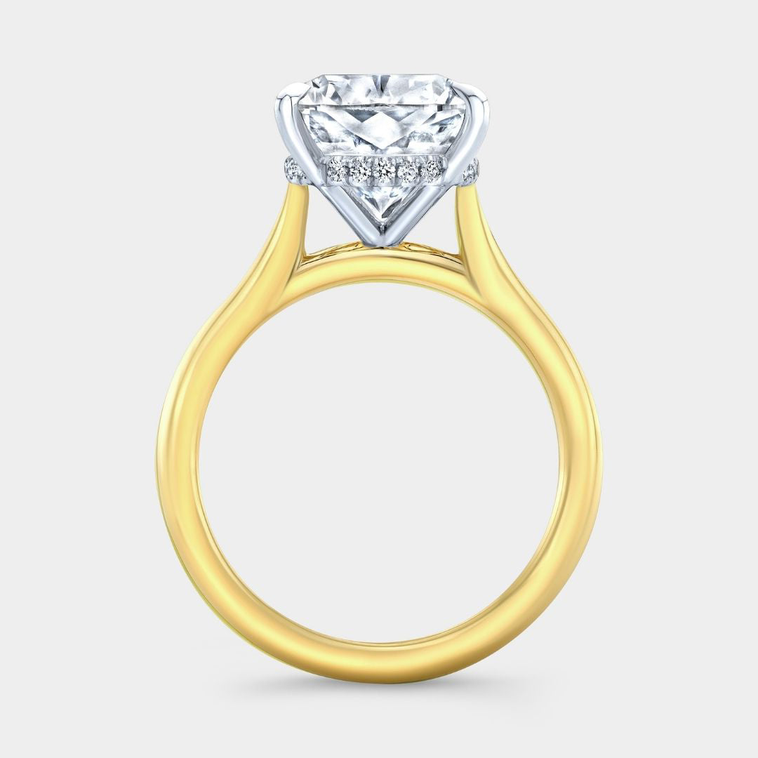 Cushion Diamond Hidden Halo Tapered Cathedral Solitaire Yellow Gold And Platinum Engagement Ring