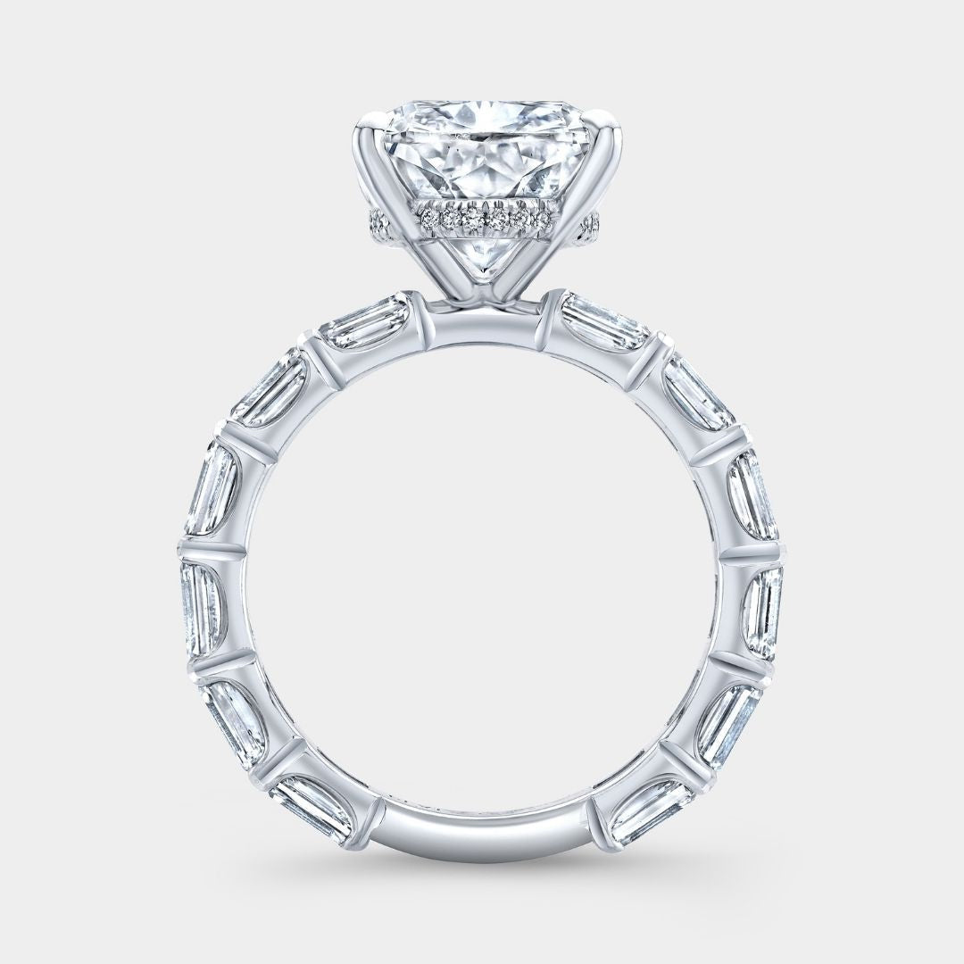 Cushion Diamond Hidden Halo East–West Emerald Cut Diamond Band Platinum Engagement Ring