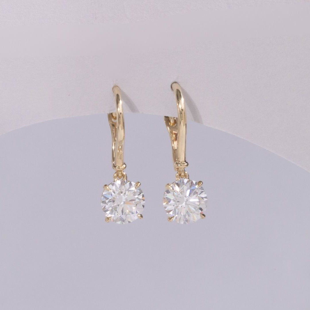 2ct Lab Round Diamond Yellow Gold Dangle Drop Earrings in 14k yellow gold
