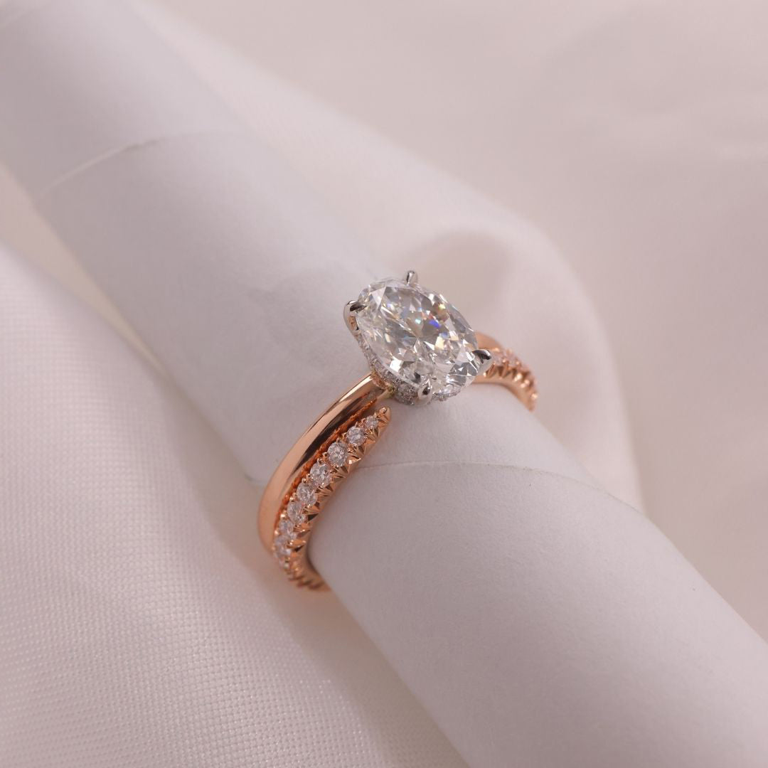 French Pave Open Claw Round Diamond Rose Gold Wedding Band in 18k rose gold