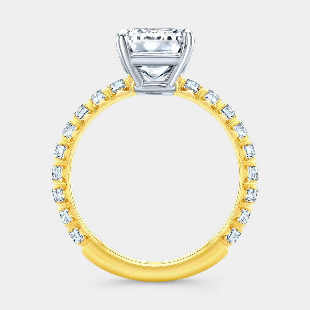 3.06ct Lab Grown Emerald Diamond French Pave Low Profile Yellow Gold And Platinum Engagement Ring - 3.06ct Lab Grown