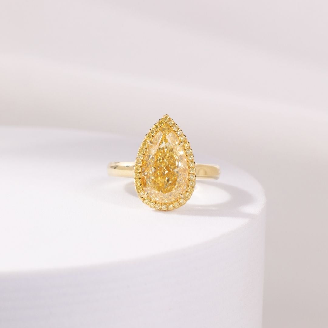3.6ct Pear Shape Yellow Lab Grown Diamond Halo Solitaire Engagement Ring in 18k yellow gold