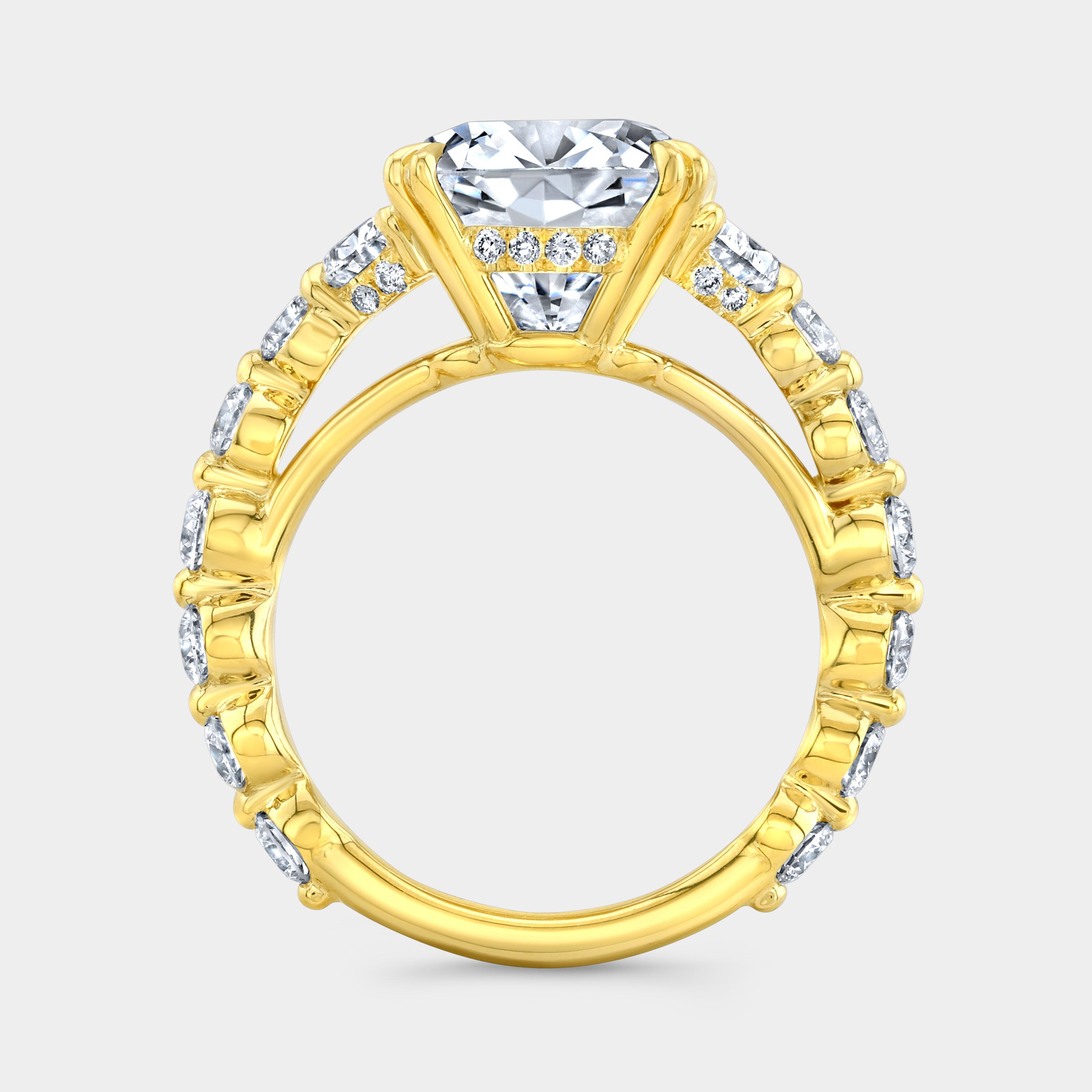 Cushion Diamond Hidden Halo 3 Stone with Half Moon Side Stones Yellow Gold Engagement Ring in 18k Yellow Gold