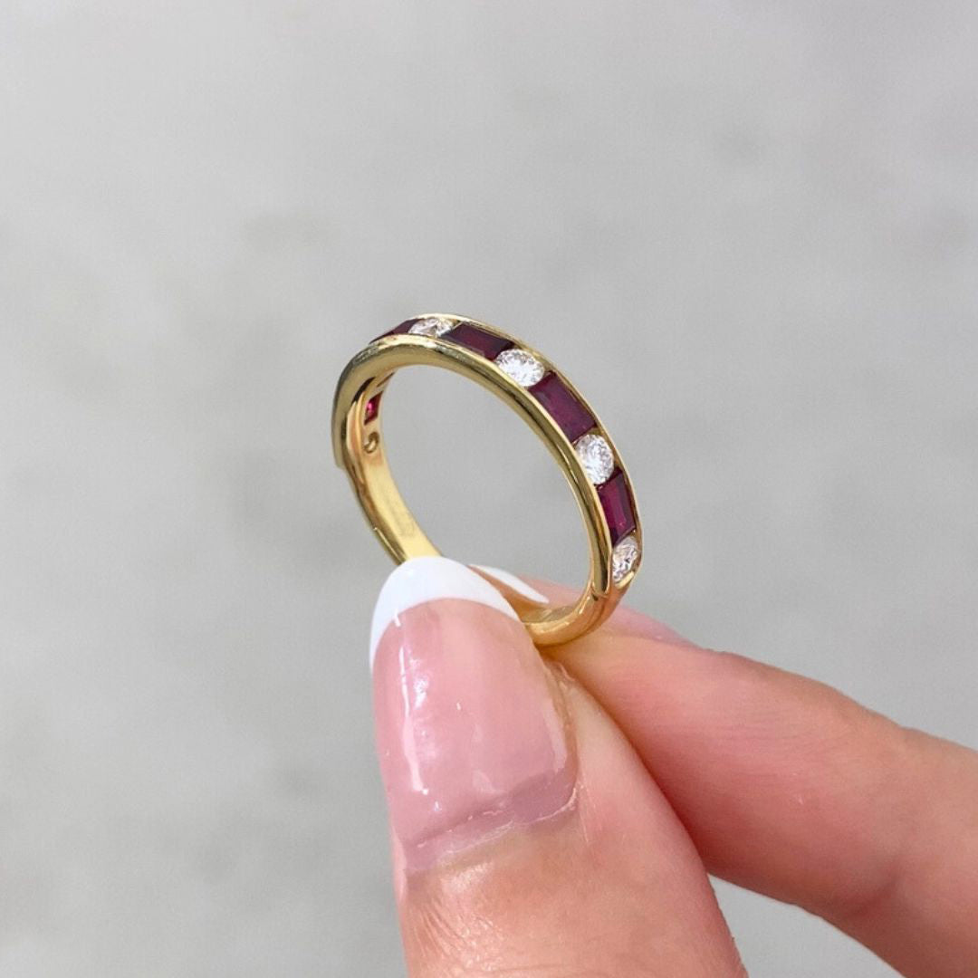 1.25ct Round Diamond Alternating Baguette Ruby Channel Yellow Gold Wedding Band in 18k yellow gold