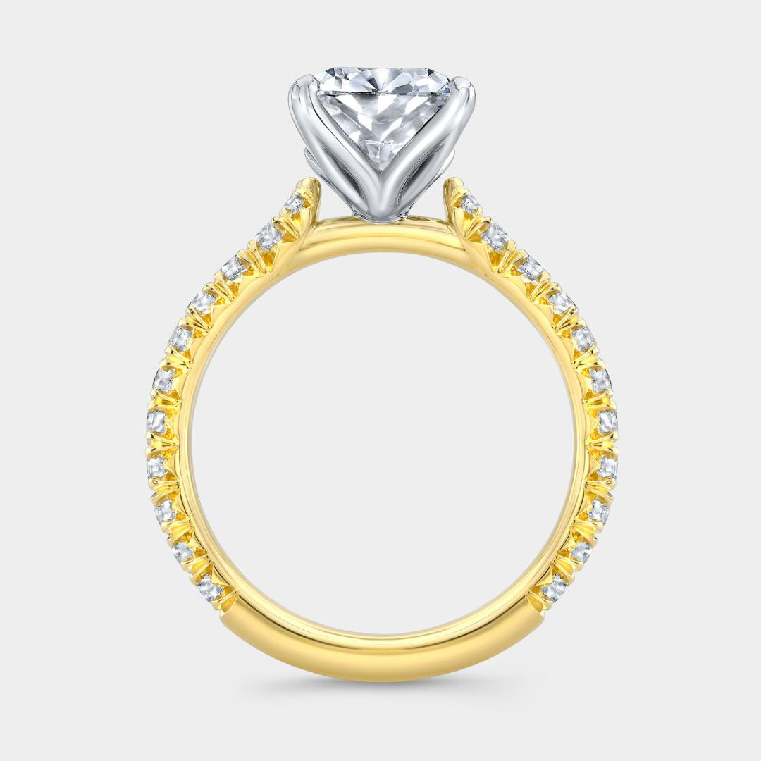 Cushion Diamond Tulip Low Cathedral  French Pave Yellow Gold And Platinum Engagement Ring