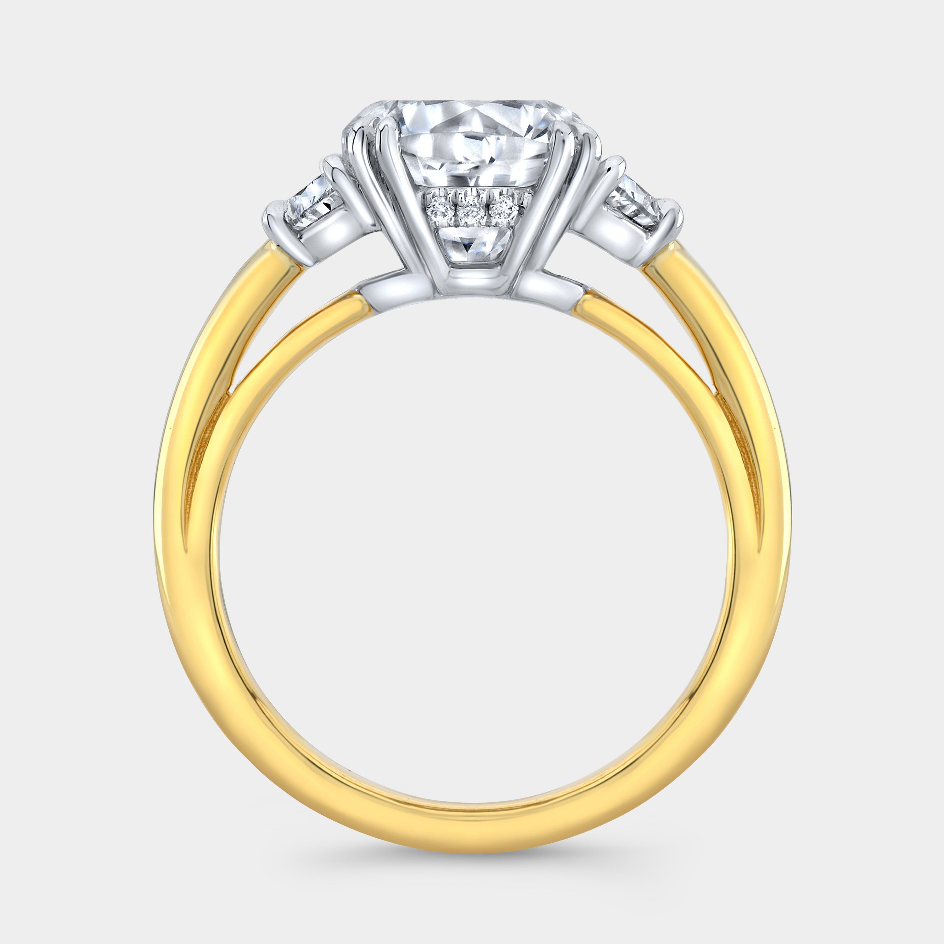 Cushion Diamond Hidden Halo with Half Moon Three Stone Yellow Gold And Platinum Engagement Ring