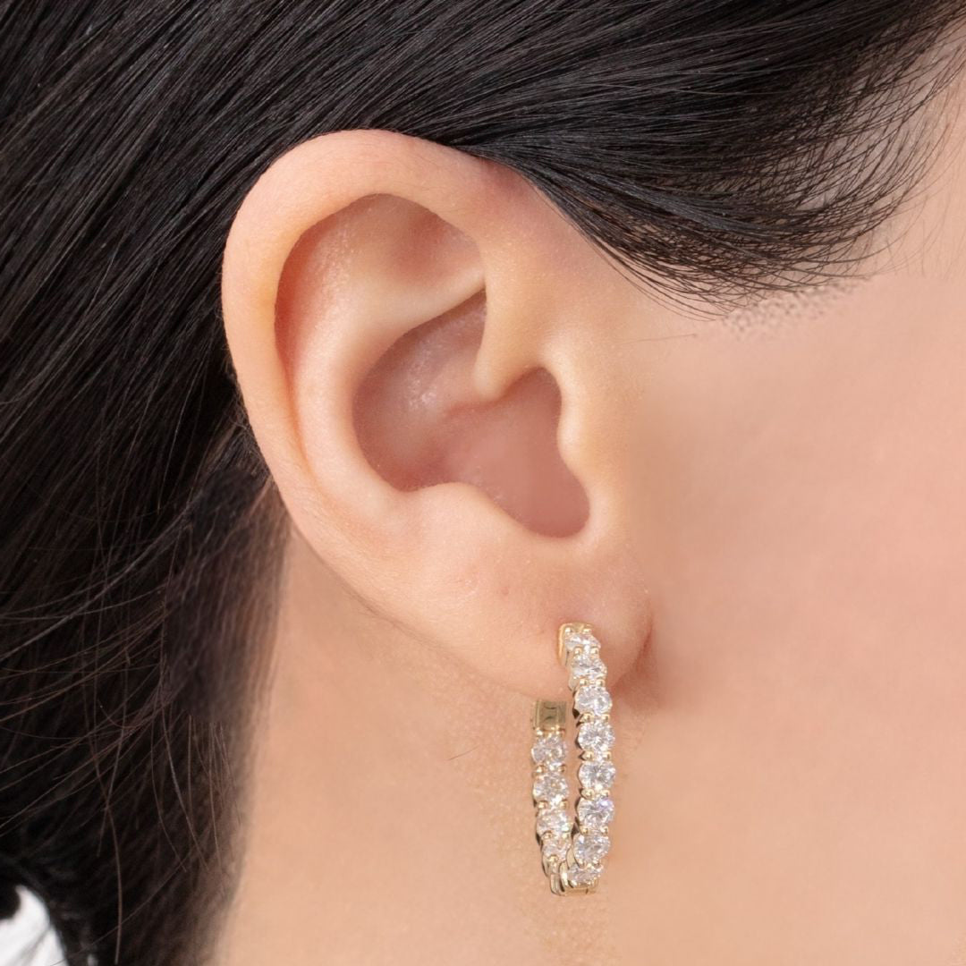 3.25ct Oval Shaped Lab Grown Round Diamond Yellow Gold Inside Out Hoop Earrings in 14k yellow gold