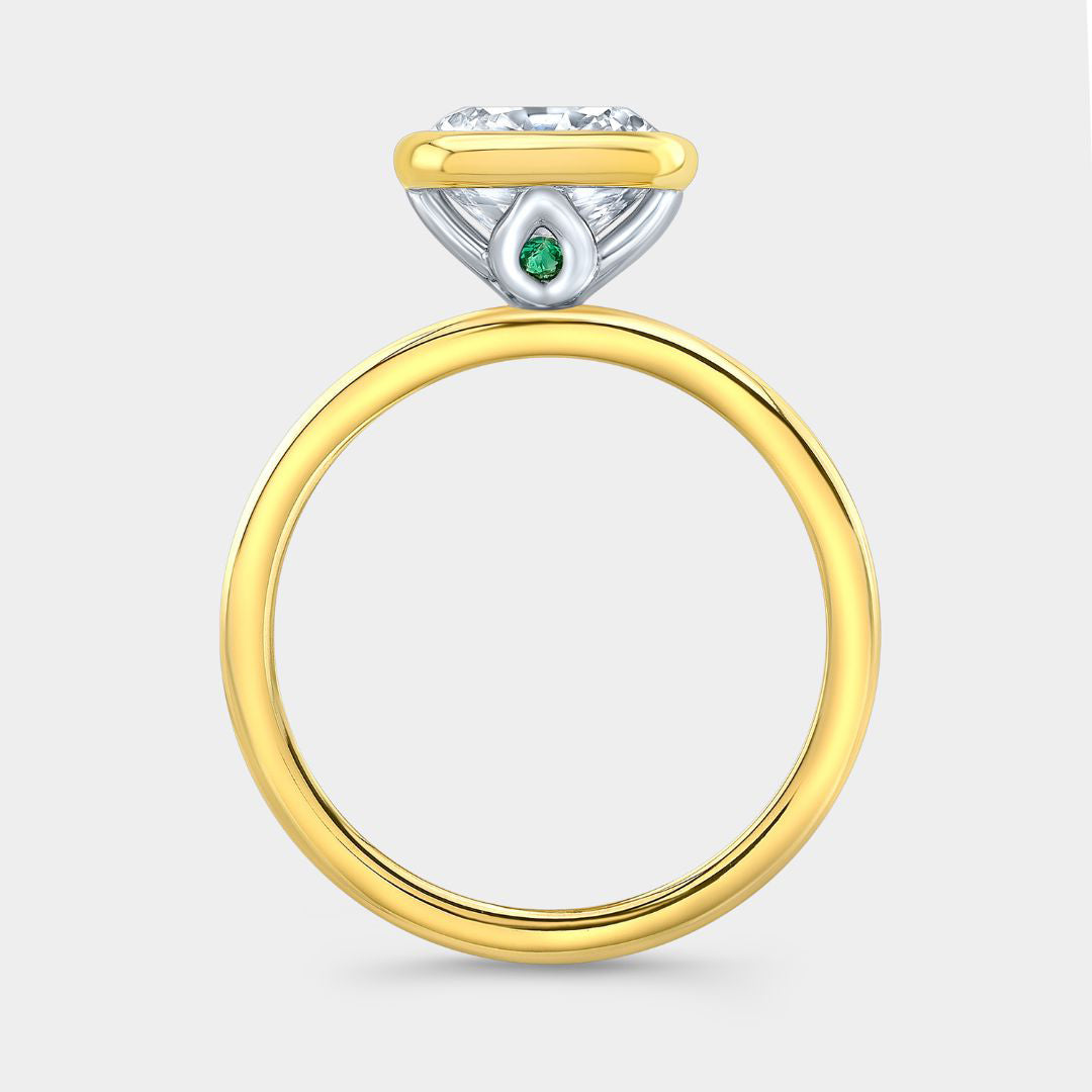 Cushion Diamond Bezel Set Tulip Solitiare Yellow Gold And Platinum Engagement Ring