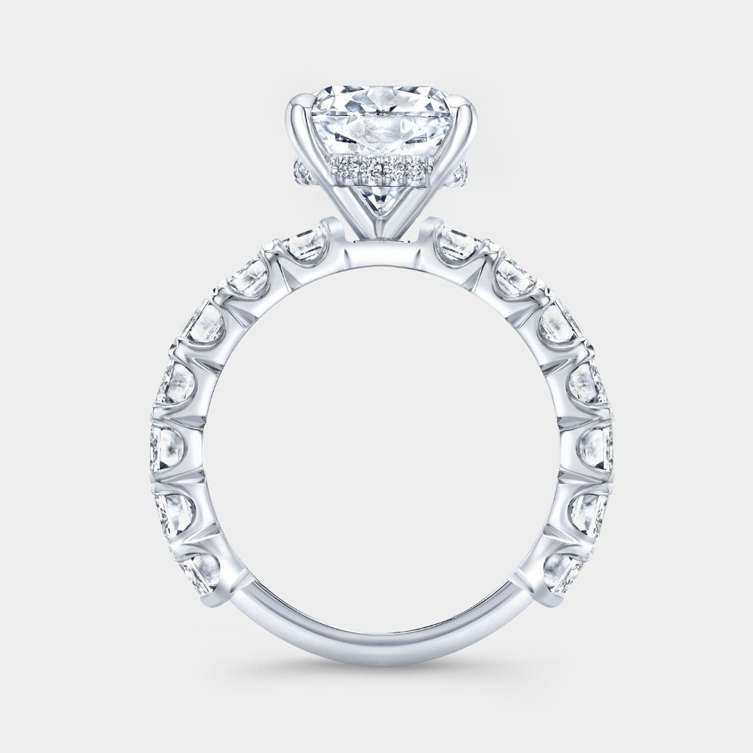 Cushion Diamond Chloe with Emerald Cut Side Diamonds Platinum Engagement Ring